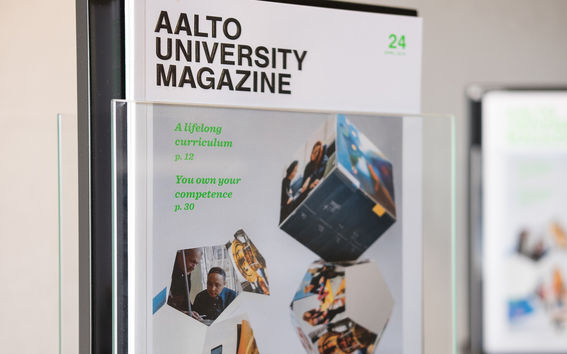 Aalto University Magazine issue 24 in racks. Photo: Anni Kääriä.
