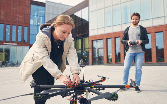 Students of Aalto University in campus area with a drone / Photo by Aalto University, Unto Rautio