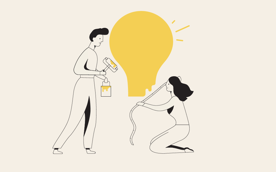 Illustration on beige background: two students painting a big yellow lightbulb.