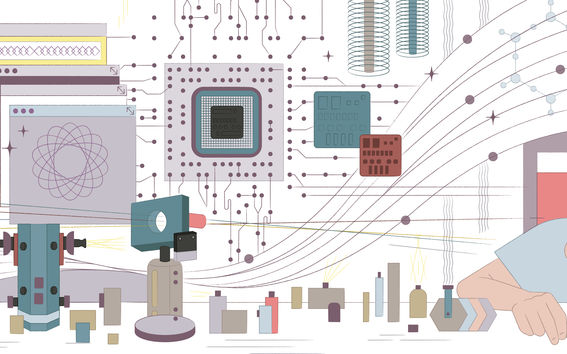 Kuvituskuva esittelee fotoniikan eri sovelluskohteita kuten tiedonsiirtoa ja tietotekniikan komponenetteja. Kuvassa on myös laboratoriossa työskentelevä henkilö. Kuvittaja: Jolanda Jokinen.