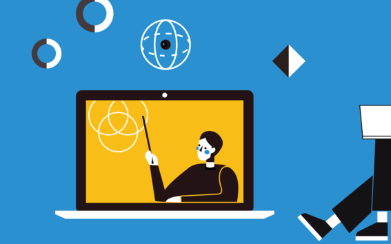 Graphic illustration on blue background, including a male sitting on a box, a laptop, and a female sitting on bench by a laptop.