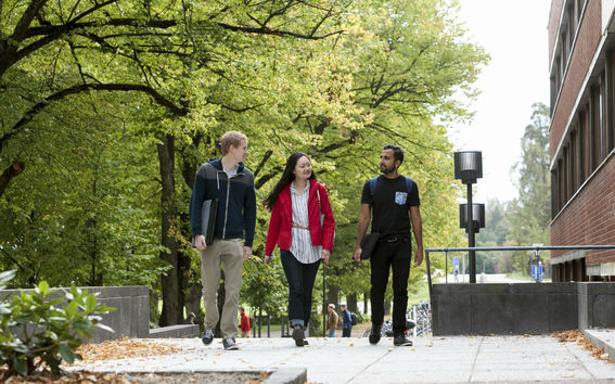 Three students walking on campus on sunny day