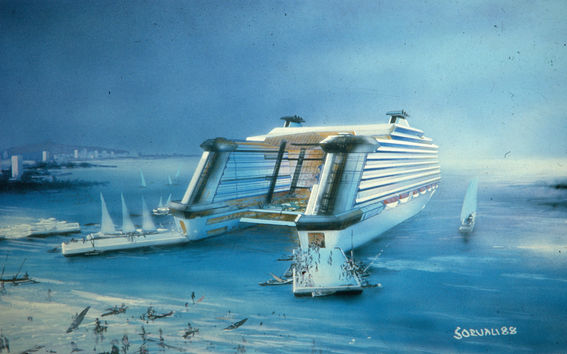 Hand-drawn renderings of ships