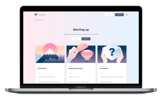 Starting up -verkkokurssin aloitusnäyttö jakautuu kolmeen osioon, joita koristavat piirroskuvat