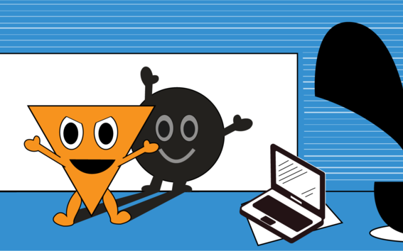 An illustration of angry-looking triangle character with a smiling round shadow, plants, and a laptop on blue background.