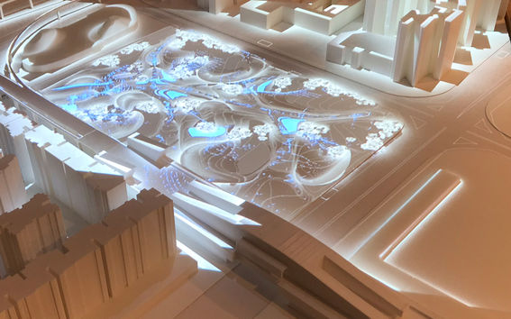 hologram landscape plan on a wooden platform