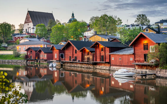 Red wooden houses in Porvoo riverside