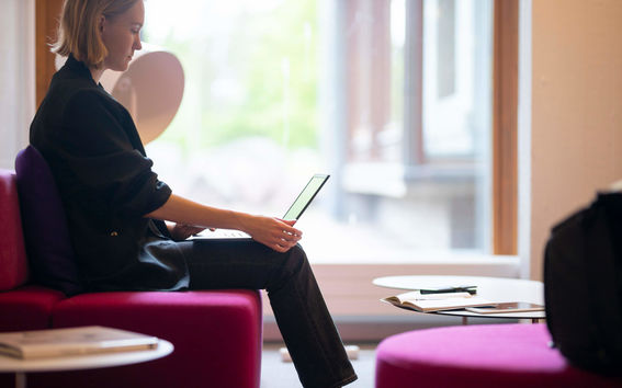 Person sitting on a pink couch in front of a big window holding a laptop