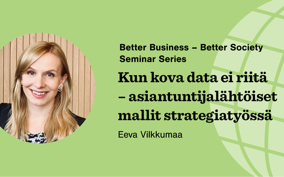 Vihreällä kuvitustaustalla kuva Eeva Vilkkumaasta ja seminaarin otsikko