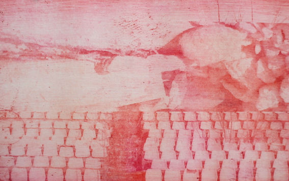 a photogravur by marija griniuk. a red atmosphere with bunch of chairs.