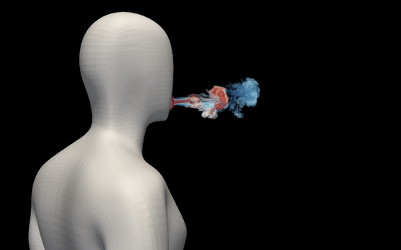 Kuvakaappaus videolta, joka näyttää, miten virusta kantavien aerosolien pitoisuus nousee nopeasti pienessä tilassa, sillä keveät aerosolipisarat voivat jäädä leijumaan tunneiksi, jos tila on huonosti tuuletettu. 