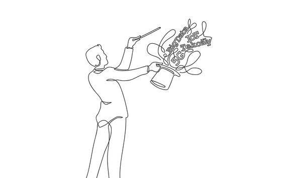 A magician is waving his wand and hype terms big data, 5G, IoT appear from his hat 