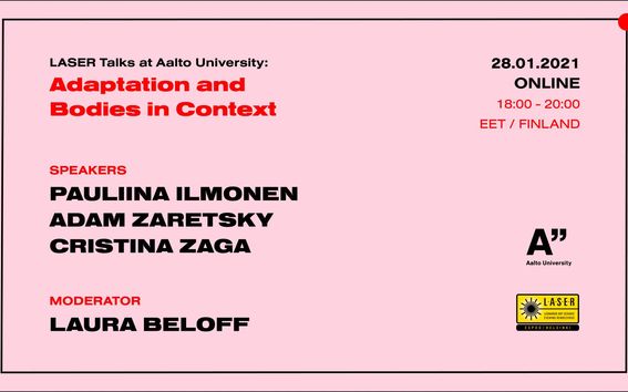 A poster with a pink background with text stating the three speakers and moderator for Adaptation and Bodies in Context LASER talk