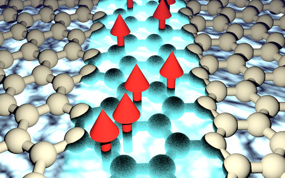 A cartoon showing a graphene lattice with a strip of blue in the middle representing the topological superconductor