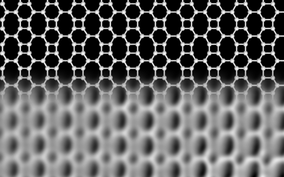 Rakennekuvan yläosassa näkyvät hiiliatomien säännönmukaisesti muodostamat neli-, kuusi- ja kahdeksankulmiot. Alaosa on atomivoimamikroskooppikuva keinotekoisesti valmistetusta materiaalista. Kuva: Marburgin yliopisto, Aalto-yliopisto