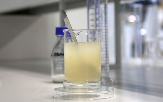 Yellowish biobased liquid in a cup in laboratory