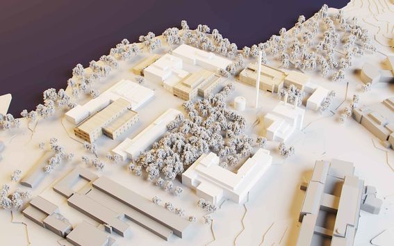 Illustration aerial image of Aalto Works block, in beige and white, with the new buildings in natural wood colour