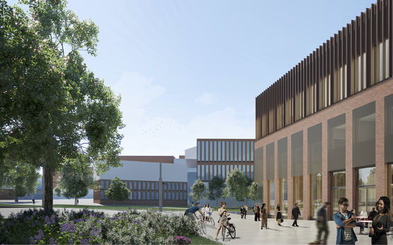 Illustration image of a spring or summer view from Otakaari towards Väre, Otakaari 2B on the right side of the image, sun is shining, there are flowers in bloom on the left of the image. Lots of people walking, cycling and interacting near the building.