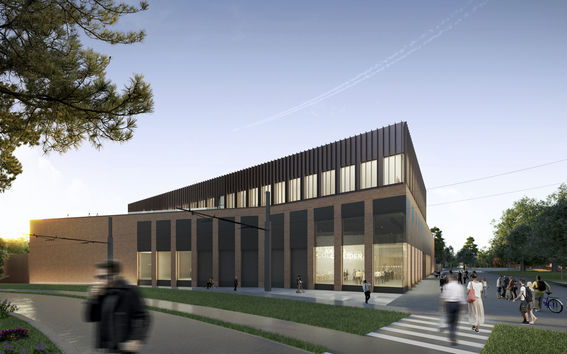 Illustration image on a sunny day as the sun is setting, of Otakaari 2A, the lights in the building are lit and there are blurry images of people walking around. Grass and trees are green.