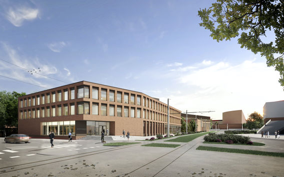 Illustration image of an early autumn day, depicting Otakaari 2B from the opposite side of Tietotie. Some leaves are on the ground, there are people walking on campus, undistinguishable faces. 