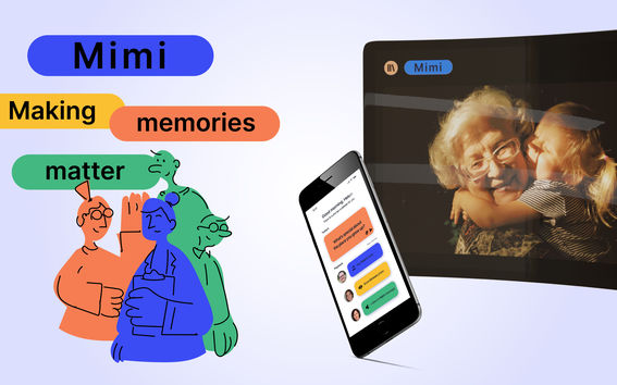 Concept image of Mimi showing the connection between elderly, loved ones and the GP as well as the smart phone and touch screen for using Mimi