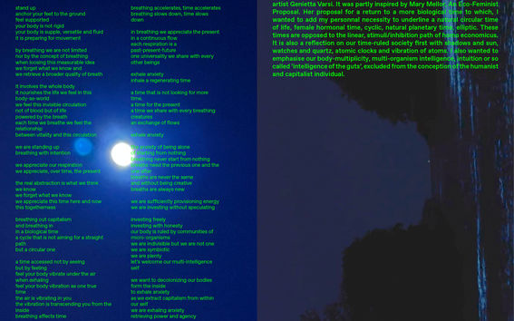 Moon, blue background, neon green text, trees.