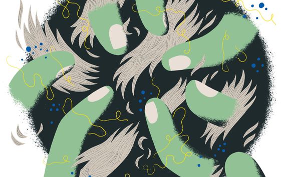 Piirroskuvassa on mustalla pohjalla vihreäsävyisiä sormia, jotka koskettelevat lampaanvillasäikeitä.