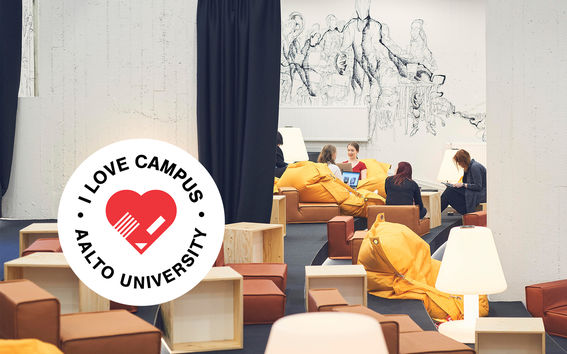 Students sitting on beanbags, smiling in Mordor in A Grid. I love campus on top.