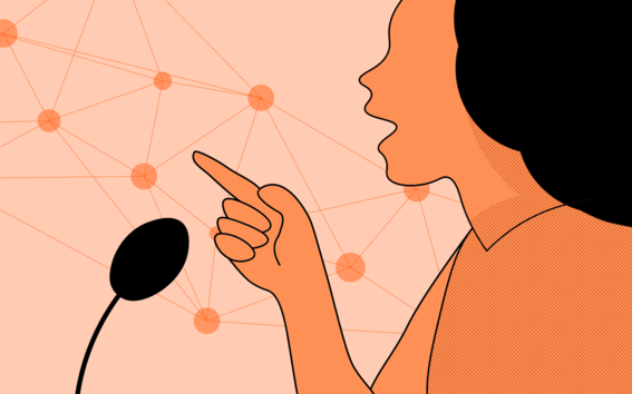 Illustration of a person speaking on a microphone.