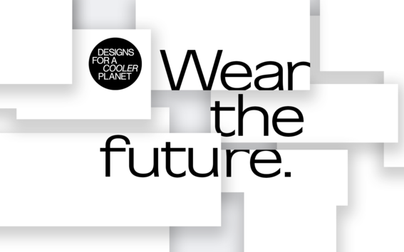Black font stating "Wear the future." and Designs for a Cooler Planet logo on a white, fragmented background.