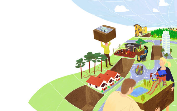 Piirroskuvassa on kuvitteellinen vihreän ja sinisen sävyinen kaupunkinäkymä, jossa ihmishahmoiset suunnittelijat siirtelevät eri osia, kuten teitä ja puistoja, paikasta toiseen kuin pelissä.