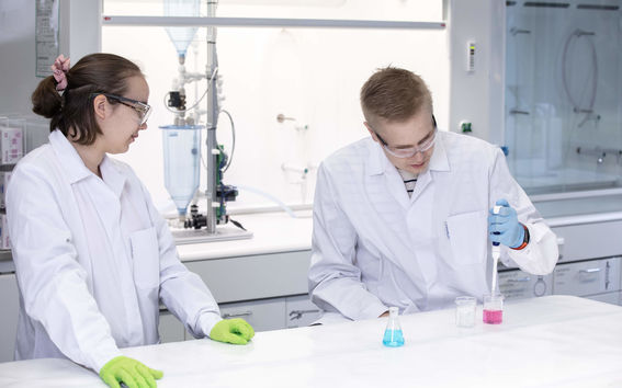 Students in lab with protective gear 