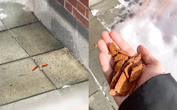 One picture separated into two sections. The section on the left shows orange fragments broken off a brick wall. The section on the right shows those fragments being held on the author's hand.