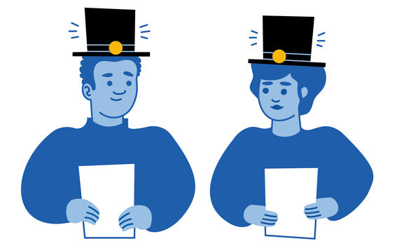 Drawing of two doctoral students each holding a paper, with doctor's hats shining on their heads.