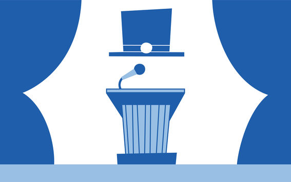 Doctoral hat floating above a speaker's podium with a microphone.