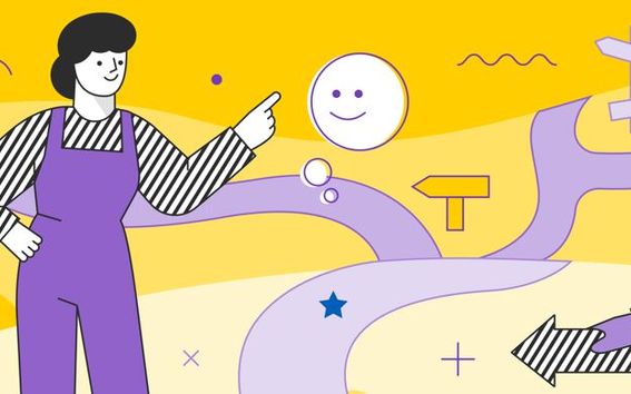 Cartoon figure standing a pointing with the index finger