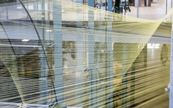 Photo of yellow strings wrung infront of a glass wall