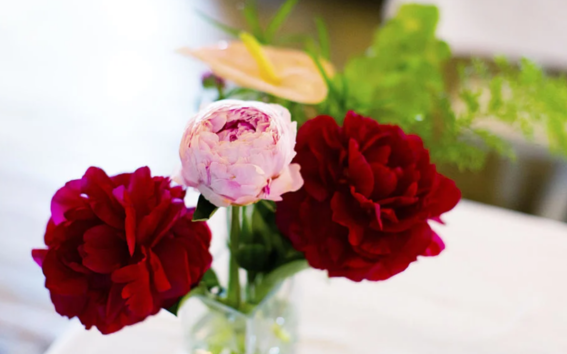 pionit maljakossa ARTSin promootiobrunssilla 2019