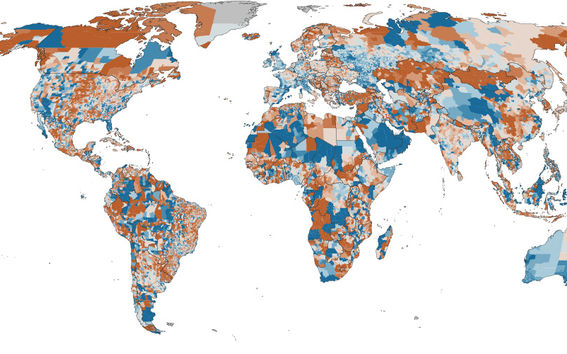 A map with regions of countries colour-coded to show net migration levels. There's a lot of variability, and many countries have some subregions with positive net migration and other subregions with negative net migration.