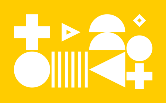 A pattern type of image on yellow background, with different kind of geometrical forms in white