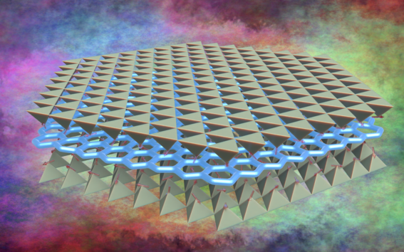 Two hexagonal arrays of prisms with a blue lattice inbetween. 