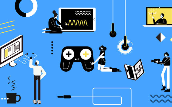 Blue background, simply drawn figures interacting with digital spaces and online educational tools 