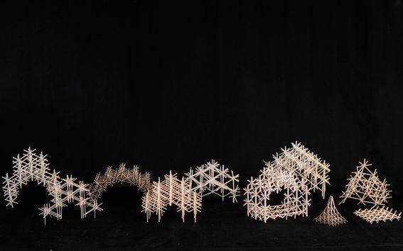Image of various wooden scale models showing snowflake-like structures and fractal geometries