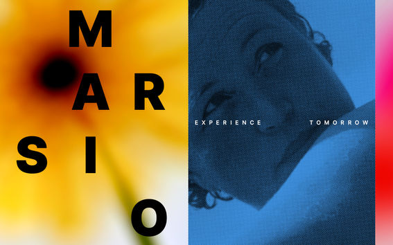 Kolmeosainen kuva: vasemmalla keltainen kukka ja teksti Marsio,  keskellä kuva Aino-Marsio-Aallosta, oikealla Aallon logo o