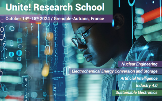 Event poster with a young researcher looking down with lighst and code reflected around her.