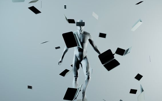 A figure of a man floating in the air, wearing a 3D headset, laptops floating around him