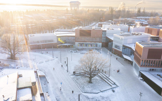 Drone image of Aalto University campus on a sunny winter's day.