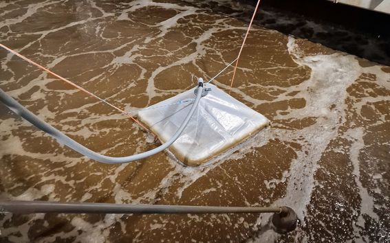 An off-gas hood capturing off-gas from a wastewater treatment process