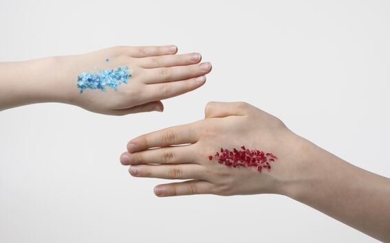 Kaksi kättä, joiden kämmenselässä biopohjaista glitteriä