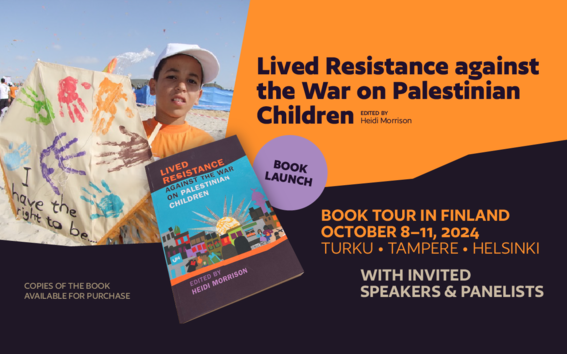 Lived Resistance against the War on Palestinian Children orange and brown banner. It includes a picture of a child holding a painting and a photo of the book cover. 